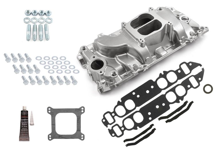 1-147-017 LowRise Intake Manifold Kit for Big Block Chevy 454 ci, Oval Port - Machine Polished Finish