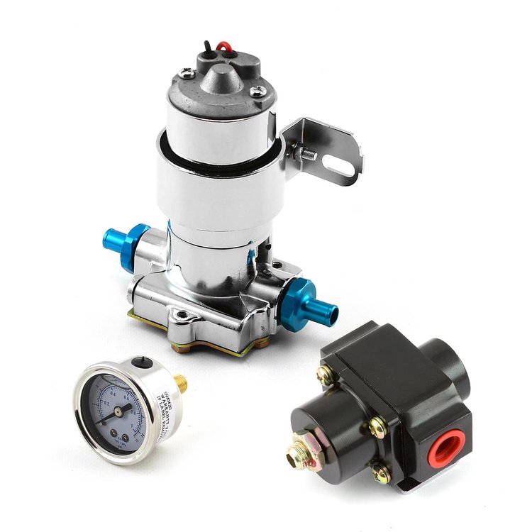 140 Gph Universal High Flow Chrome Electric Fuel Pump w/ Black Regulator / Gauge