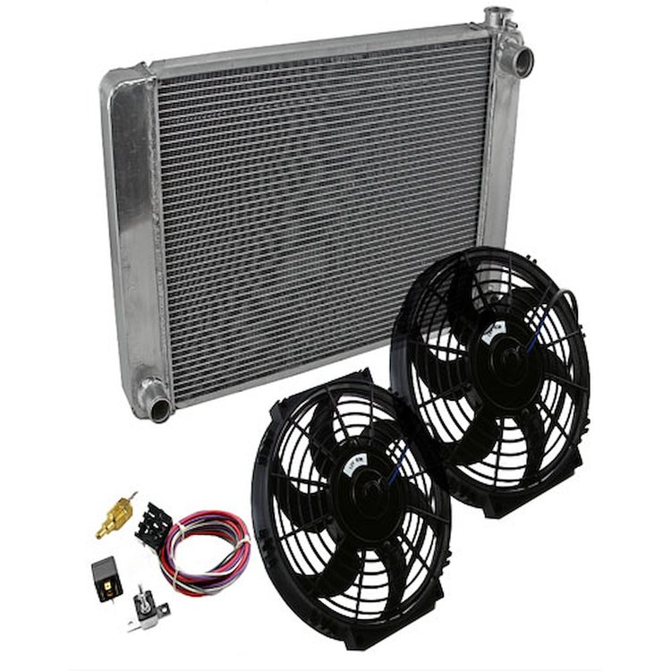 28x19x2.2 Ford Mopar Satin Aluminum Radiator W D/Plug / Dual 10 Thermo Fan Kit