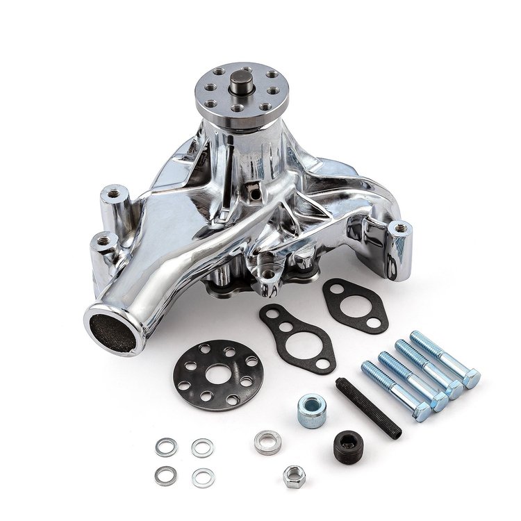 PCE195.1005.04 Long Water Pump, Small Block Chevy 350, High-Volume [Chrome]