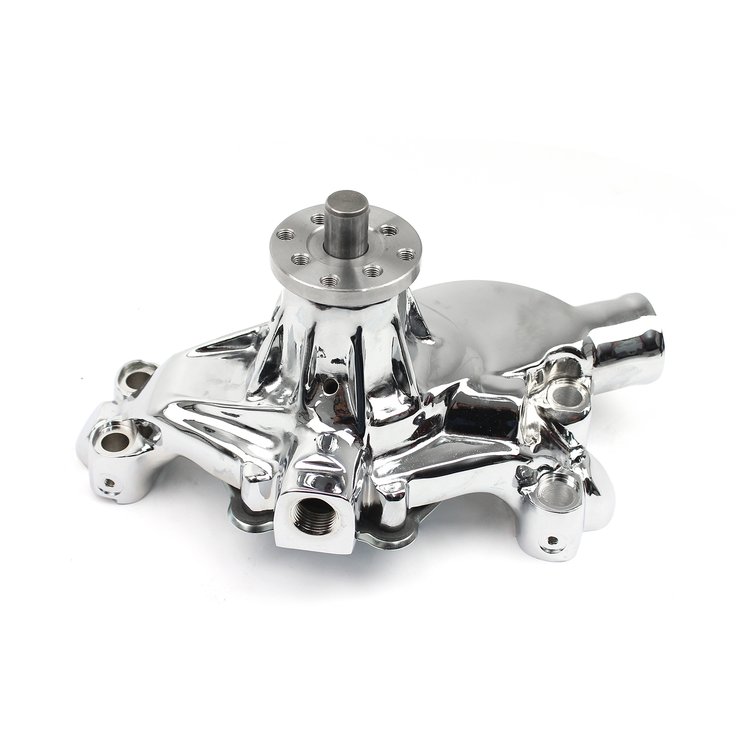 PCE195.1083.03  Aluminum High-Volume Short Water Pump for Chevy Small Block Engines w/Heater Port [Chrome]