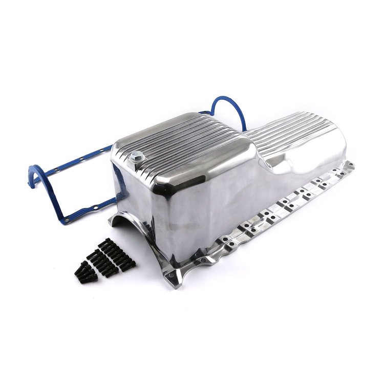 PCE300.1098 Chevy SBC 350 2Pc Rms 1980 1985 Polished Finned Aluminum Oil Pan and Gasket Kit