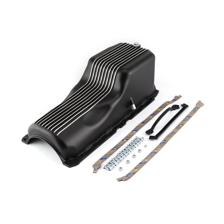 PCE300.1099 Chevy BBC 454 2Pc Rms 1965 1990 Black Finned Aluminum Oil Pan and Gasket Kit