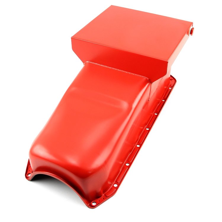 Drag Steel Oil Pan Small Block Chevy 350, Rear Sump - Orange Painted Finish