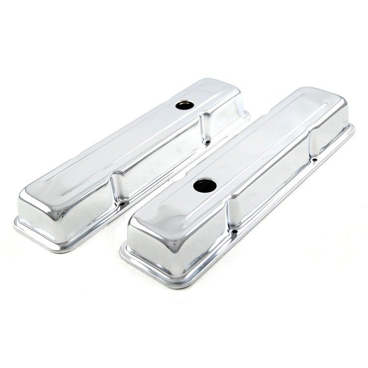 Chevy SBC 350 Chrome Steel Valve Covers - Short w/ Hole
