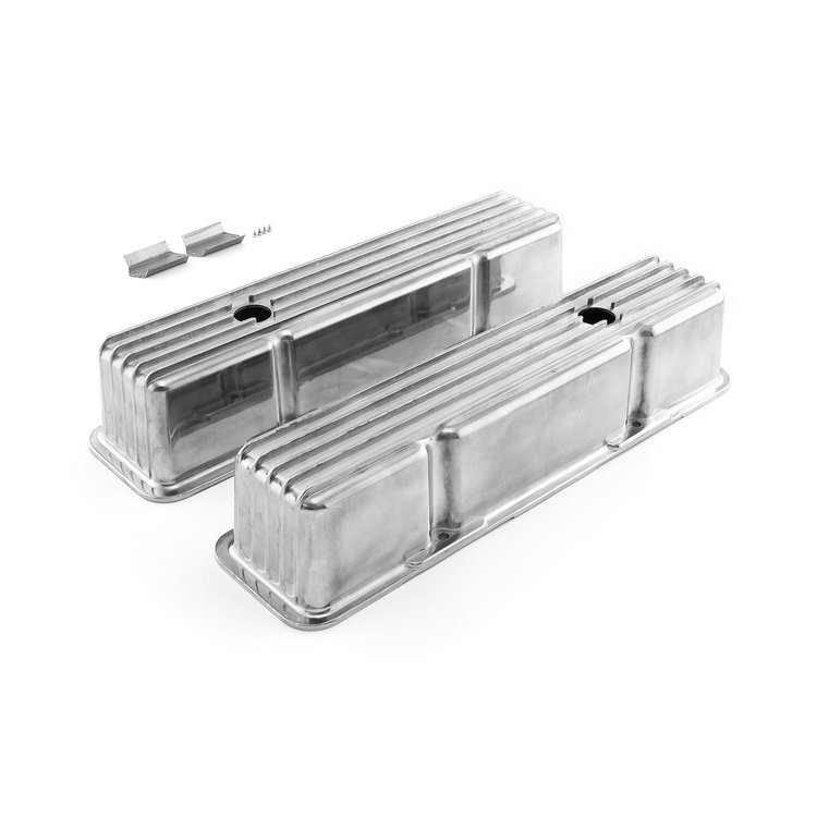 Chevy SBC 350 Nostalgic Finned Aluminum Valve Covers - Tall w/Hole
