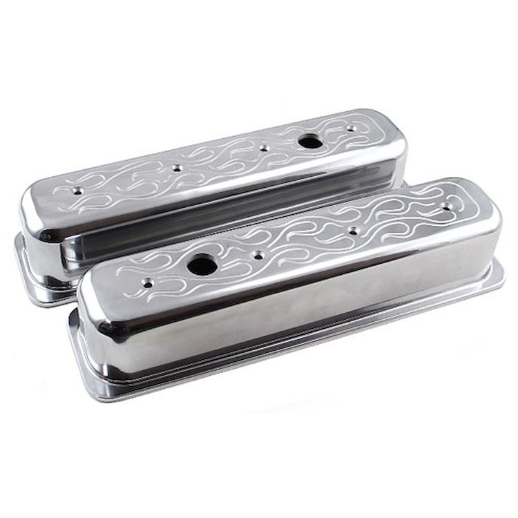 Chevy SBC 350 Center Bolt Polished Aluminum Flamed Valve Cover - Tall w/ Hole