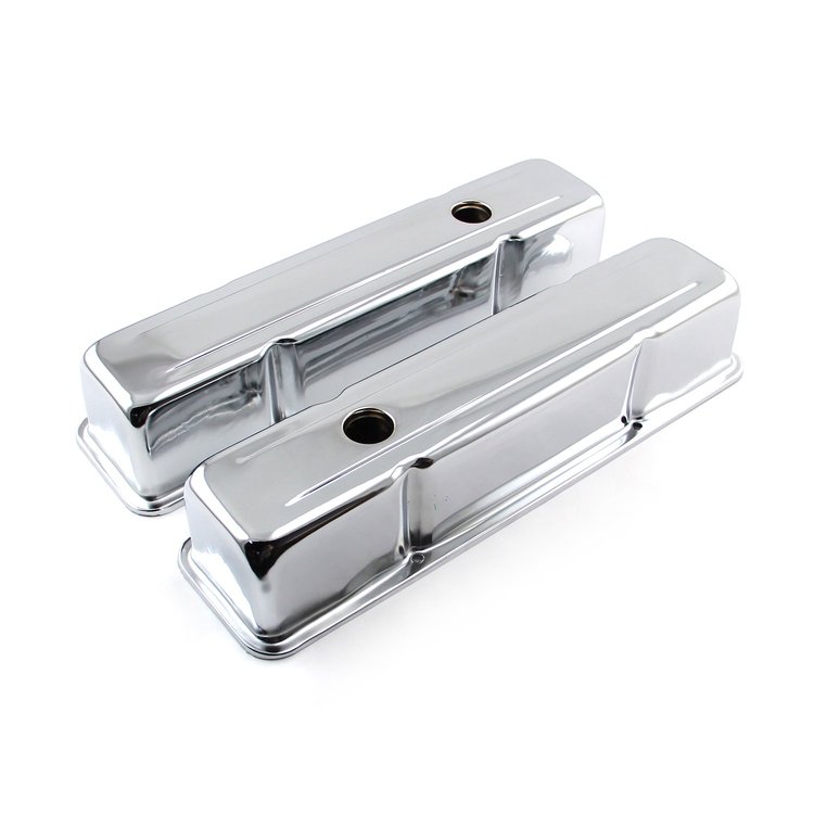 Chevy SBC 350 Chrome Steel Valve Covers - Tall w/ Baffled Hole