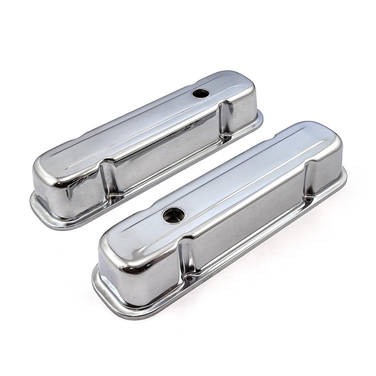 PCE314.1048 Pontiac 326 400 455 Chrome Steel Valve Covers - 3 1/2 in. Tall w/ Baffled Hole