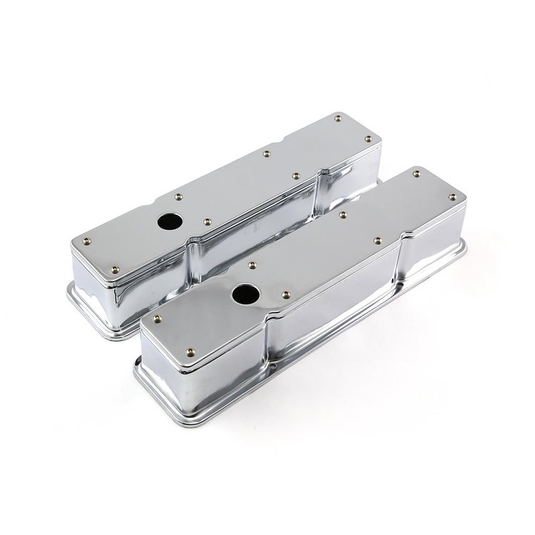 Chevy SBC 350 Chrome Steel Valve Covers - Tall w/ Hole / Removable Top