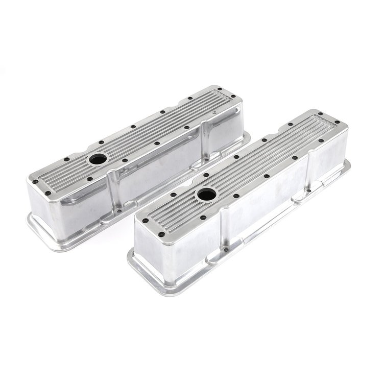 Chevy SBC 350 Polished Ribbed Aluminum Valve Covers - Tall w/Hole