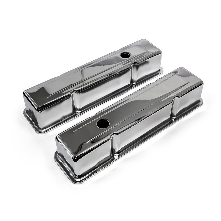 Chrome Steel Valve Covers for Chevy Small Block 350, Tall w/ Hole