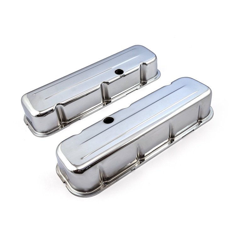 PCE314.1004.02 Chevy BBC 454 Chrome Steel Valve Covers - Tall w/ Baffled Hole