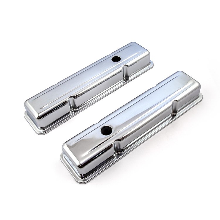 PCE314.1038.02 Chevy SBC 350 Chrome Steel Valve Covers - Short w/ Hole