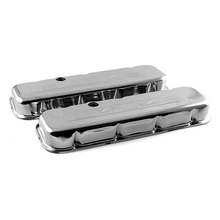 PCE314.1041.02 Chevy BBC 454 Chrome in.454 Stamped in. Steel Valve Covers - Short w/ Baffled Hole