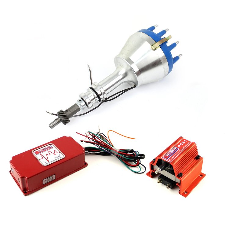 Ford 351W Windsor Large Cap Pro Billet Distributor Blue + 6AL Ignition Box + Coil