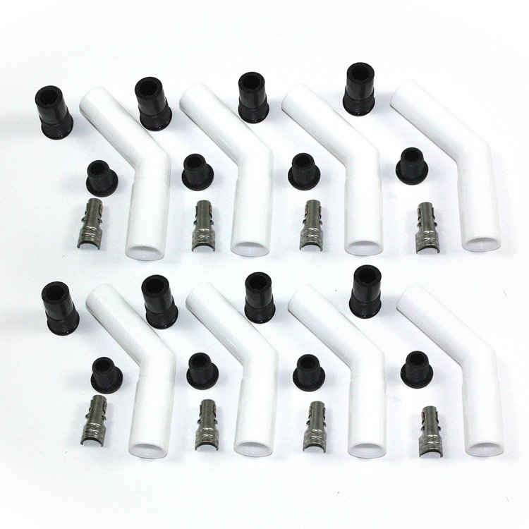 White Ceramic Spark Plug Boots - 45 Degree - Fits 8 mm Wire - Set of 8