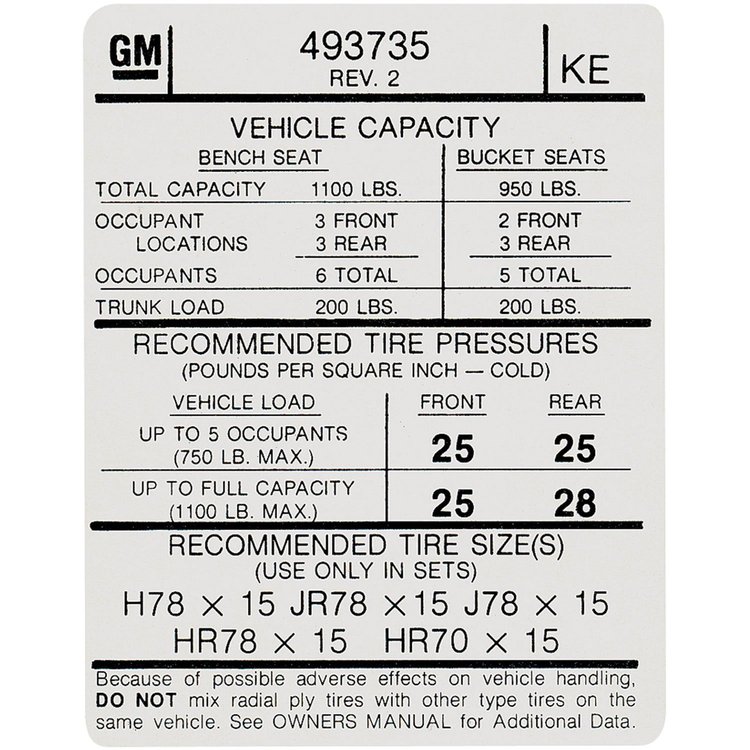 Decal 74 Pontiac Tire Pressure KE 493735