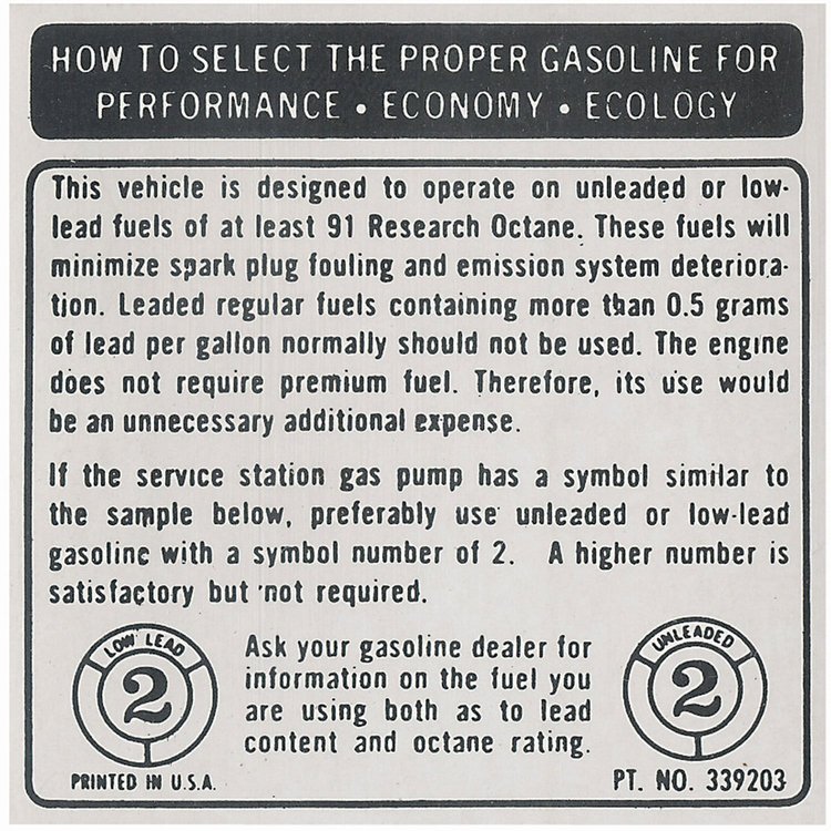 Decal 73-74 Riviera Fuel Requirement 91 Octane