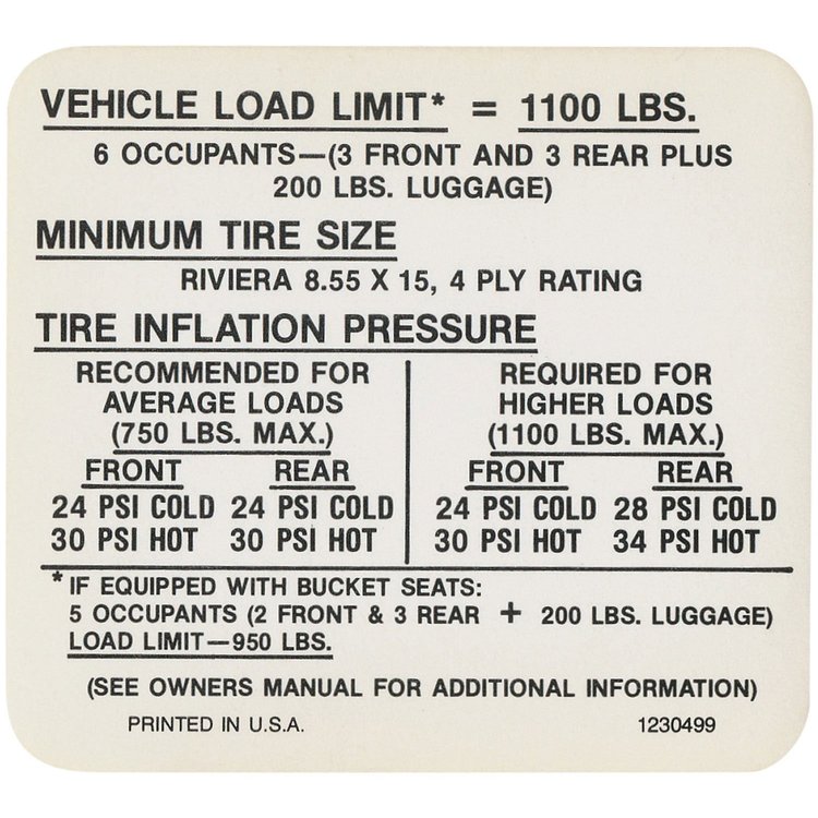 Decal 69 Riviera Tire Pressure