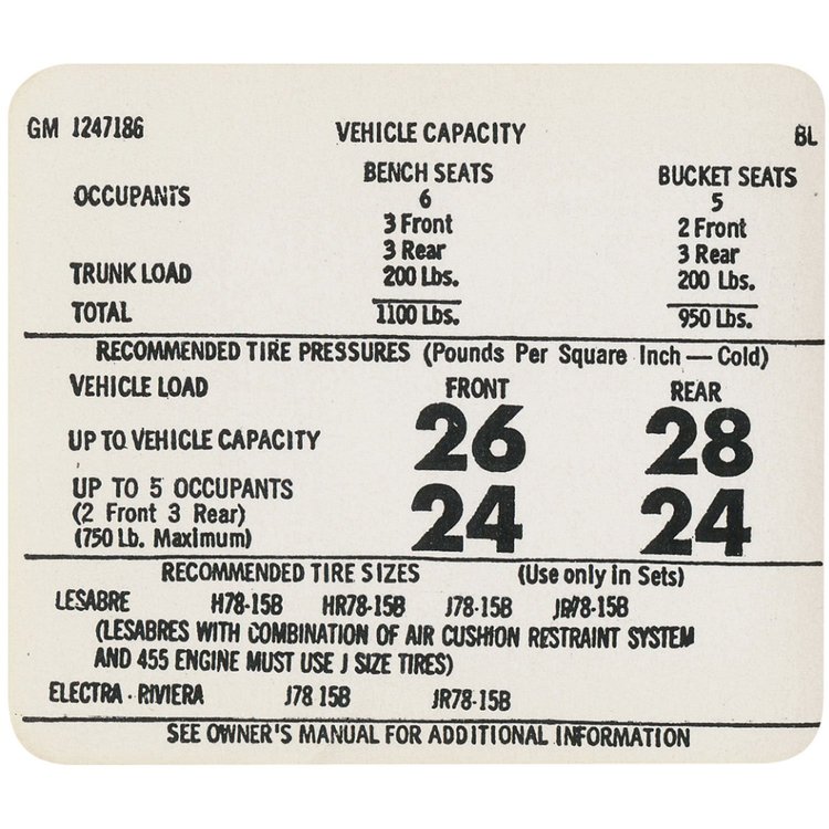 Decal 73-74 Riviera Tire Pressure