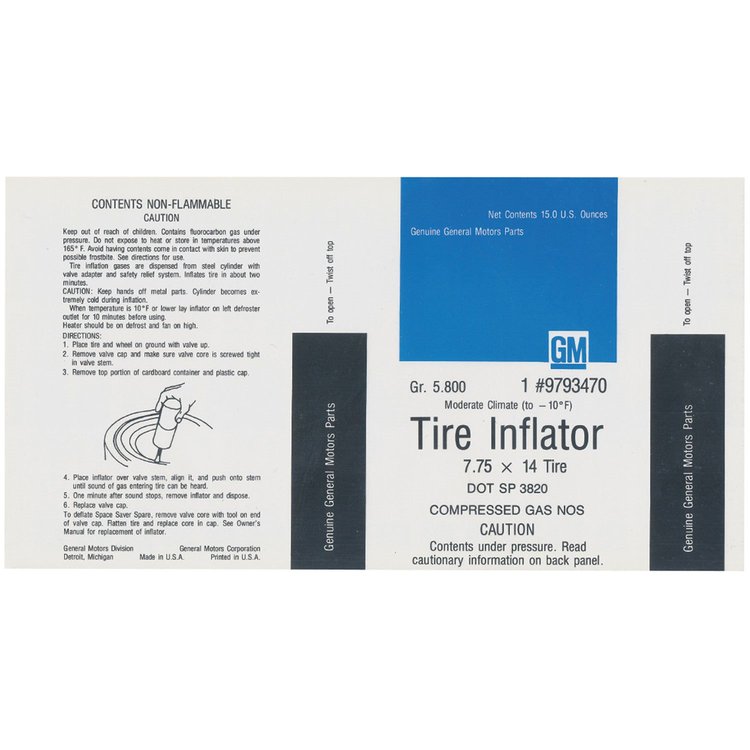 Decal 70-72 GM Space Saver Spare Inflator Bottle Warning 9793470