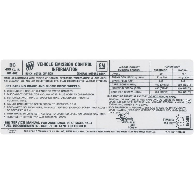 Decal 73 Riviera Emissions 455-4V BC