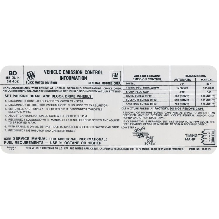 Decal 73 Riviera Emissions 455-4V BD