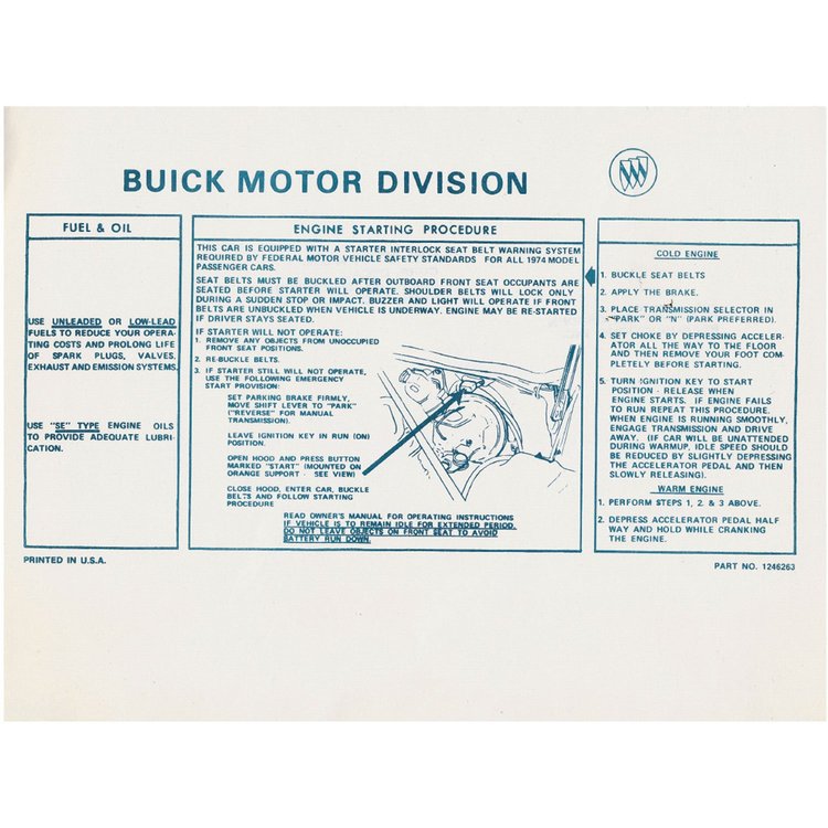 Sleeve 75-76 Riviera Visor Engine Interlock Starting Instruction