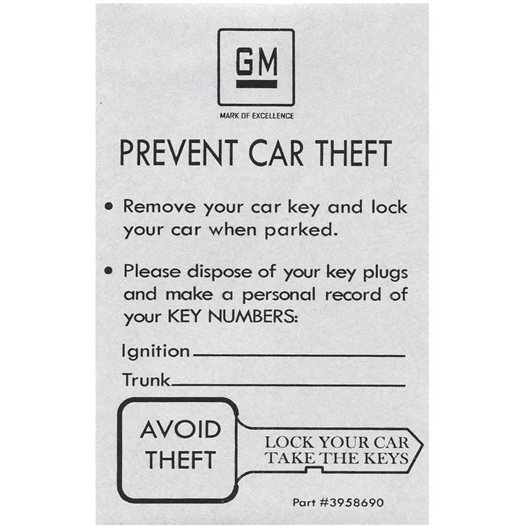 Spare Key Envelope White 1969-77 GM