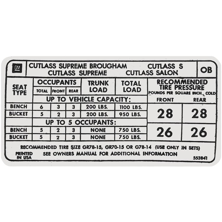 Decal 1973 Cutlass Tire Pressure OB