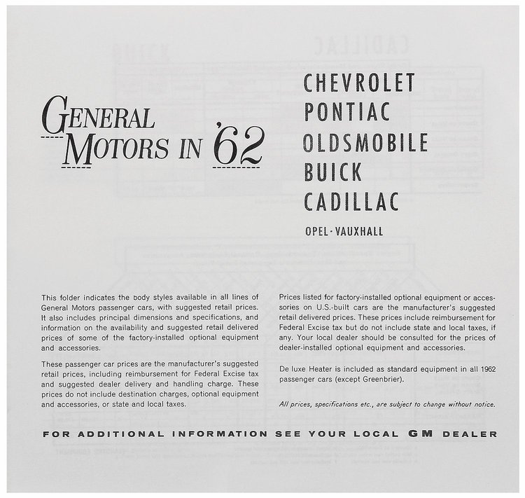 Price List 1962 GM All MSRP