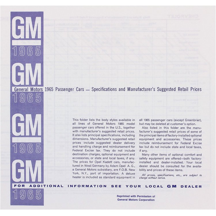 Price List 1965 GM All MSRP