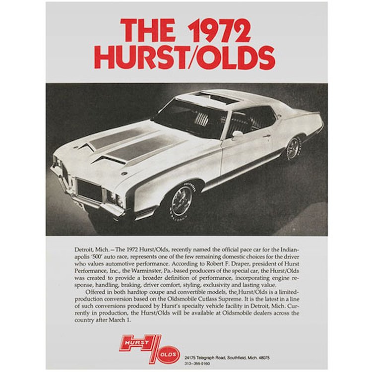 Sales Spec Sheet 1972 Hurst/Olds