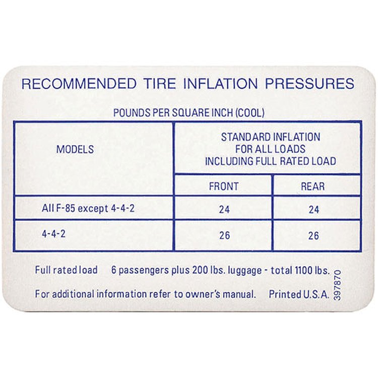 Decal 67 Cutlass Tire Pressure 442