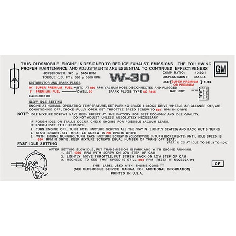 Decal 70 Cutlass Emissions 455 442 W-30 4bbl AT