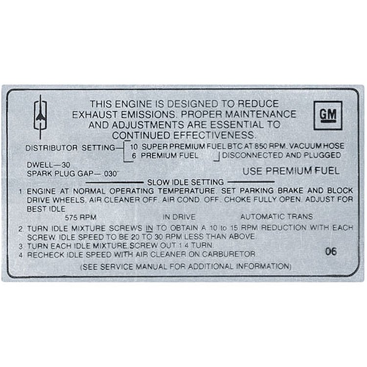 Decal 69 Cutlass Emissions 455 4bbl HO AT
