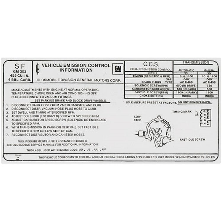 Decal 72 Cutlass Emissions 455 4bbl MT