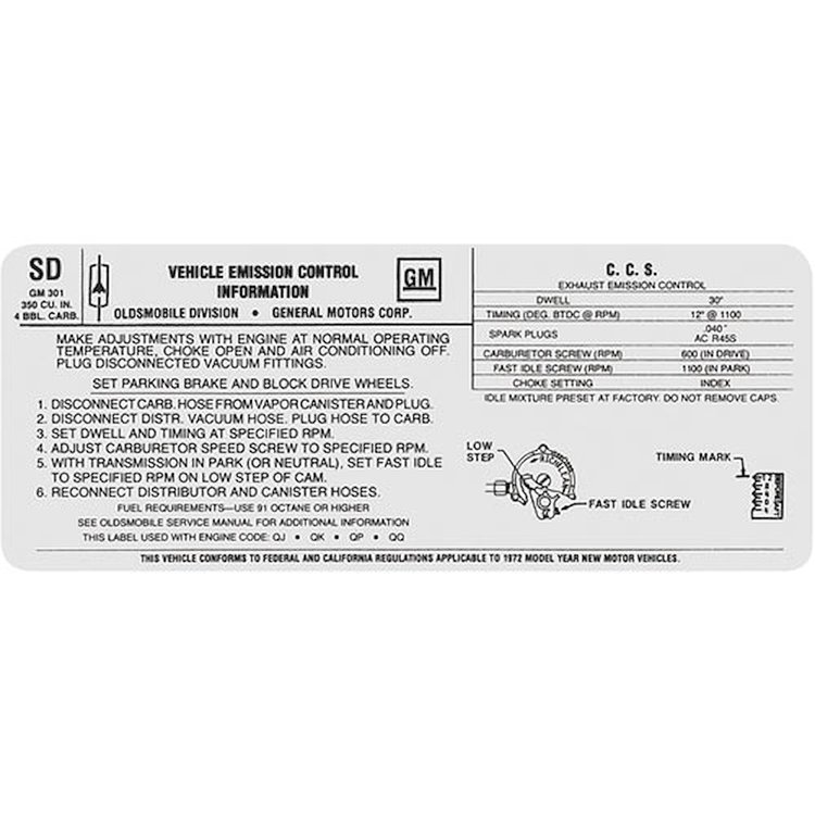 Decal 72 Cutlass Emissions 350 4bbl AT
