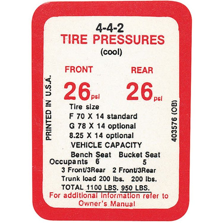 Decal 69 Cutlass Tire Pressure 442