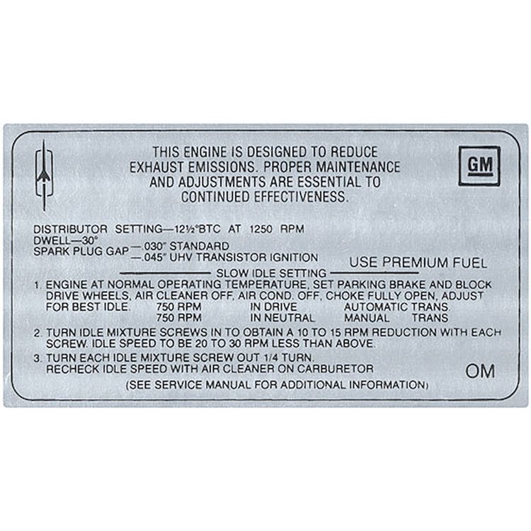 Decal 68 Cutlass Emissions W-30 400 4bbl