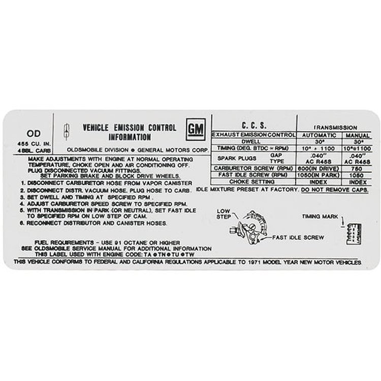 Decal 71 Cutlass Emissions 442 455 4bbl OD