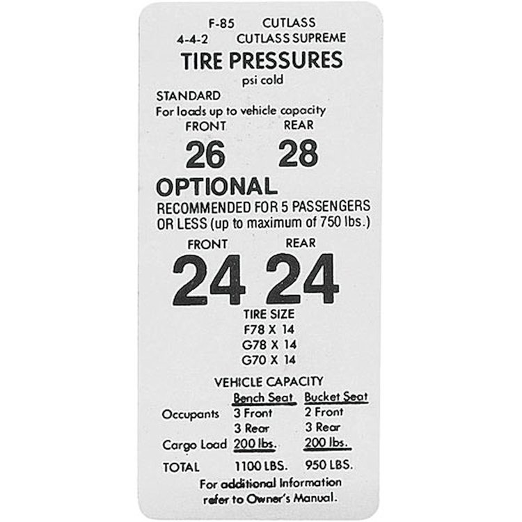 Decal 71-72 Cutlass Tire Pressure