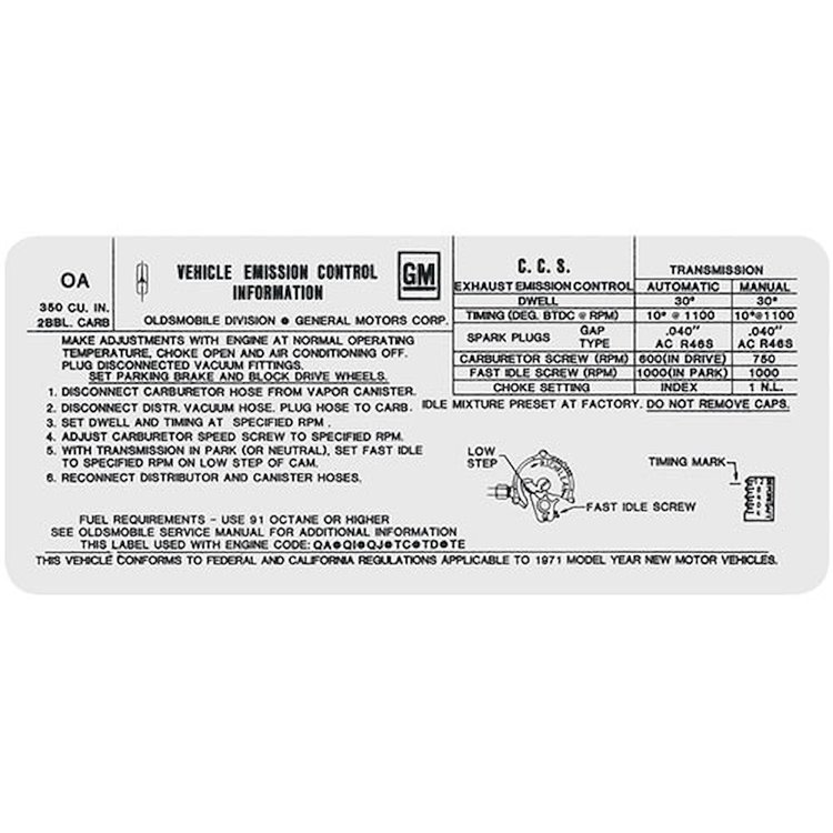 Decal 71 Cutlass Emissions 350 2bbl