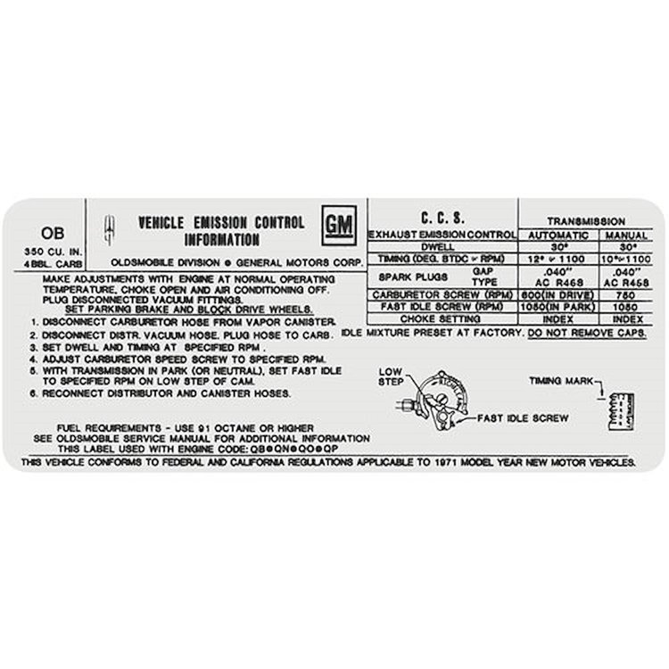 Decal 71 Cutlass Emissions 350 4bbl