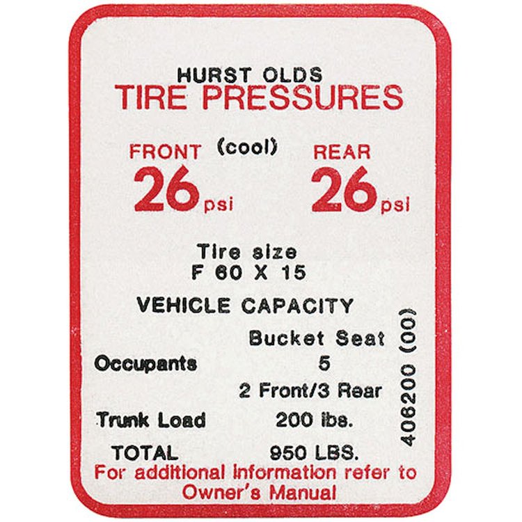 Decal 69 Cutlass Tire Pressure Hurst Olds