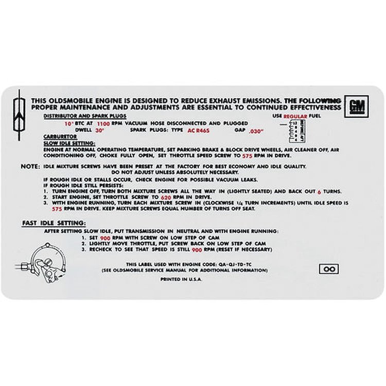 Decal 70 Cutlass Emissions 350 2bbl AT
