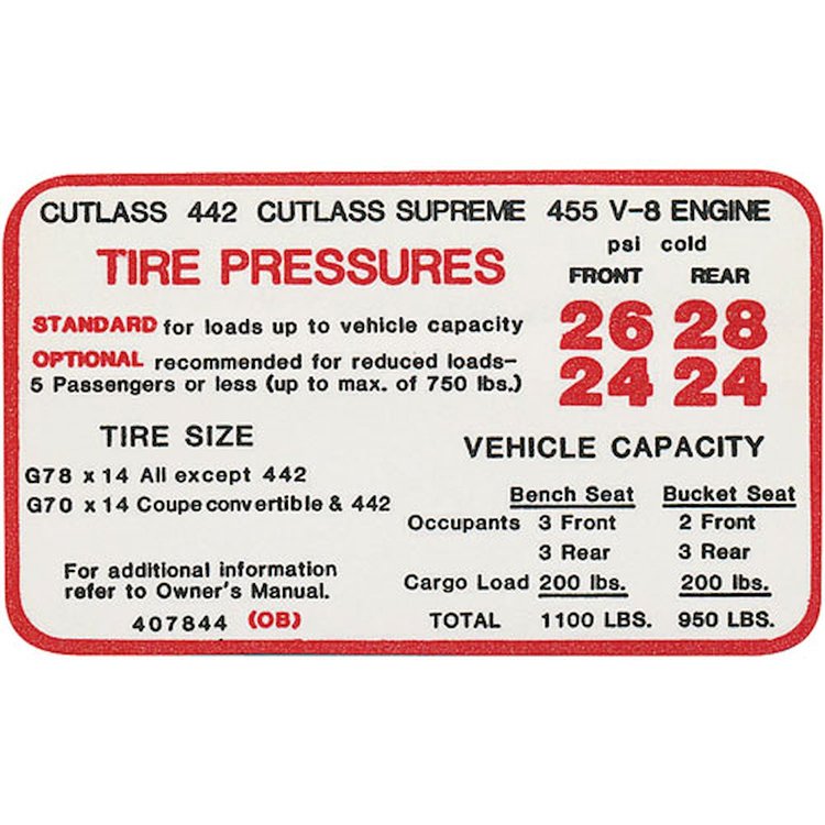 Decal 70 Cutlass Tire Pressure 455