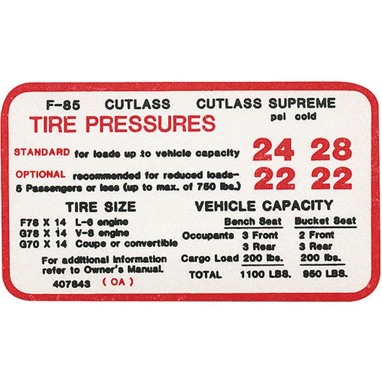 Decal 70 Cutlass Tire Pressure 350