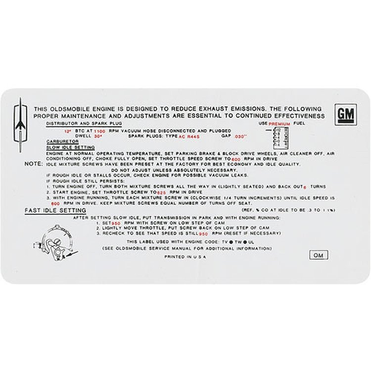 Decal 70 Cutlass Emissions 455 442 SX 4bbl AT